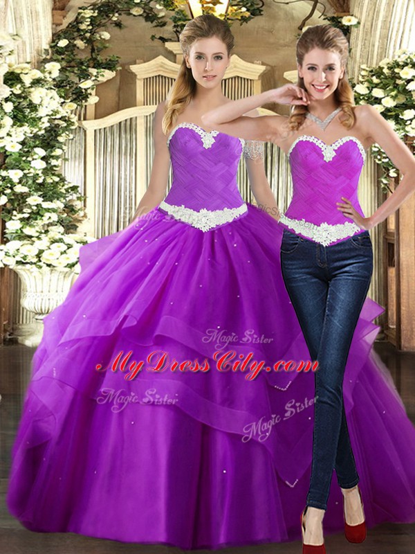 New Arrival Purple Tulle Lace Up Sweet 16 Dress Sleeveless Floor Length Beading and Ruching