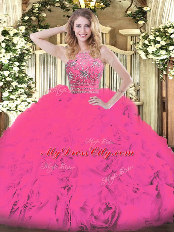 Tulle Sleeveless Floor Length Sweet 16 Dress and Beading and Ruffles