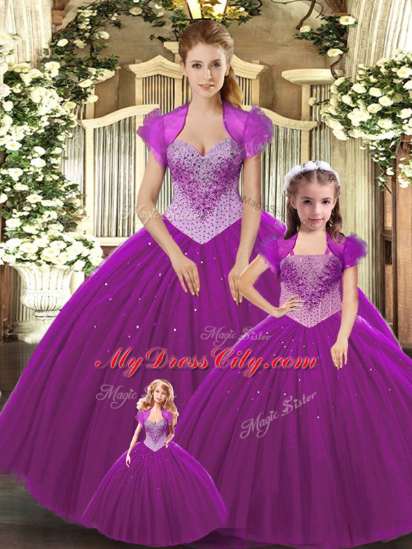 Fuchsia Lace Up Quinceanera Dress Beading Sleeveless Floor Length