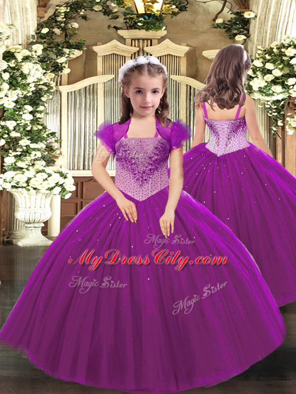 Fuchsia Lace Up Quinceanera Dress Beading Sleeveless Floor Length