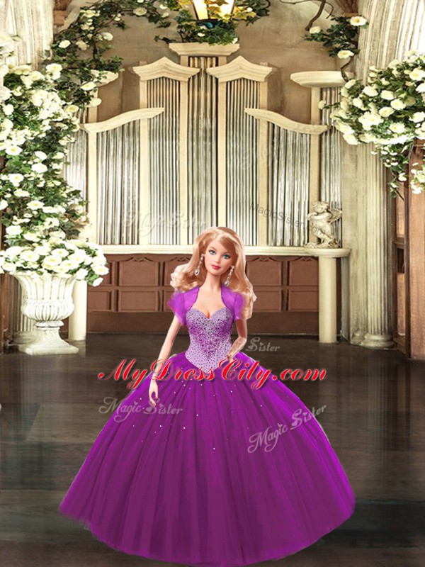 Fuchsia Lace Up Quinceanera Dress Beading Sleeveless Floor Length