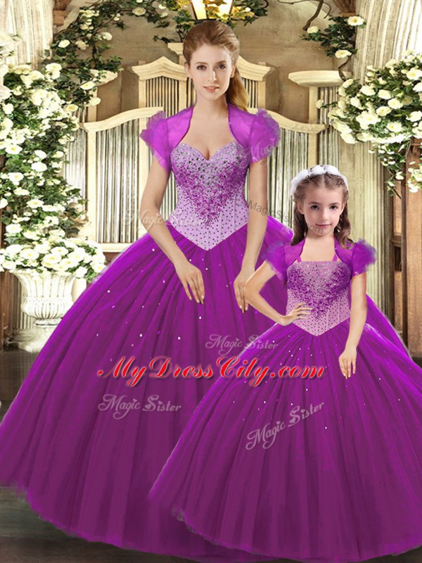 Fuchsia Lace Up Quinceanera Dress Beading Sleeveless Floor Length