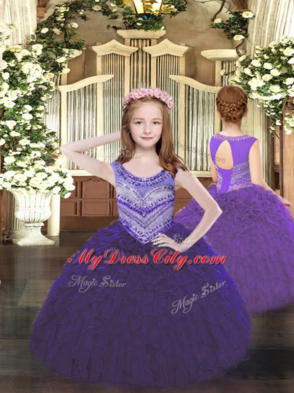 Purple Organza Lace Up Scoop Sleeveless Floor Length Little Girl Pageant Dress Beading and Ruffles