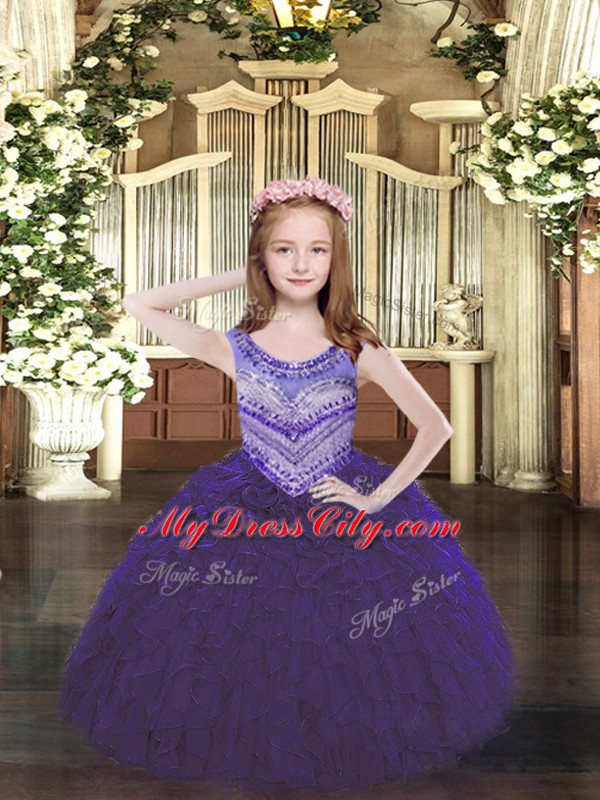 Purple Organza Lace Up Scoop Sleeveless Floor Length Little Girl Pageant Dress Beading and Ruffles