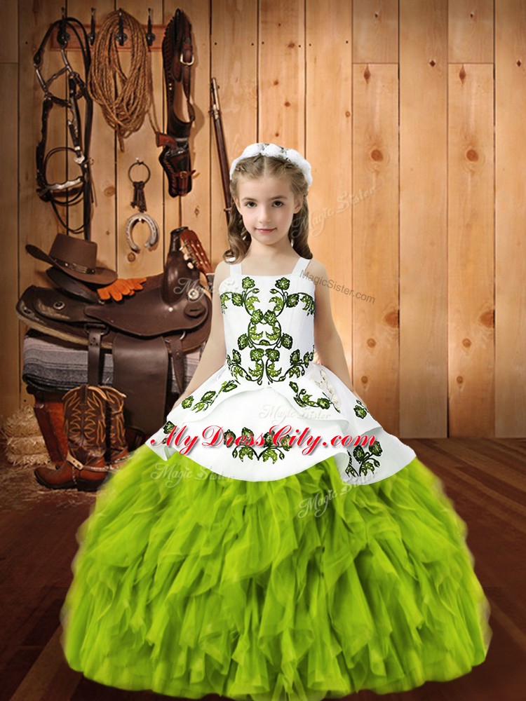 Yellow Green Lace Up Straps Beading and Embroidery Pageant Dress Organza Sleeveless