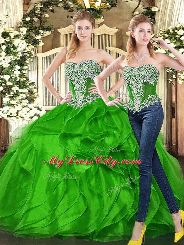 Sexy Green Sleeveless Beading and Ruffles Floor Length Quinceanera Gown