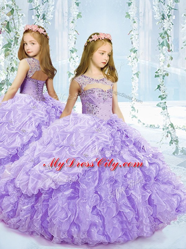 Customized Lavender Sleeveless Beading and Ruffles and Pick Ups Floor Length Girls Pageant Dresses