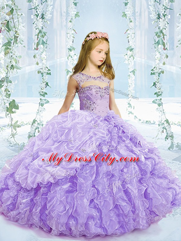 Customized Lavender Sleeveless Beading and Ruffles and Pick Ups Floor Length Girls Pageant Dresses