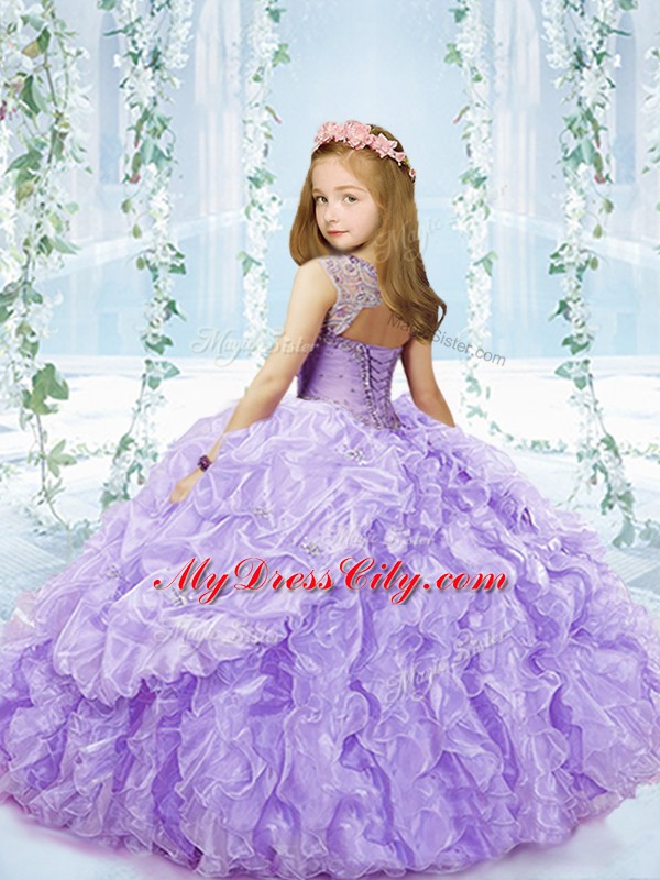 Customized Lavender Sleeveless Beading and Ruffles and Pick Ups Floor Length Girls Pageant Dresses