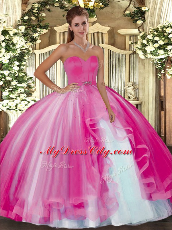 Eye-catching Sweetheart Sleeveless Lace Up Quince Ball Gowns Hot Pink Tulle