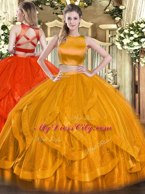 Classical Orange Red Bateau Criss Cross Ruffles Sweet 16 Quinceanera Dress Sleeveless