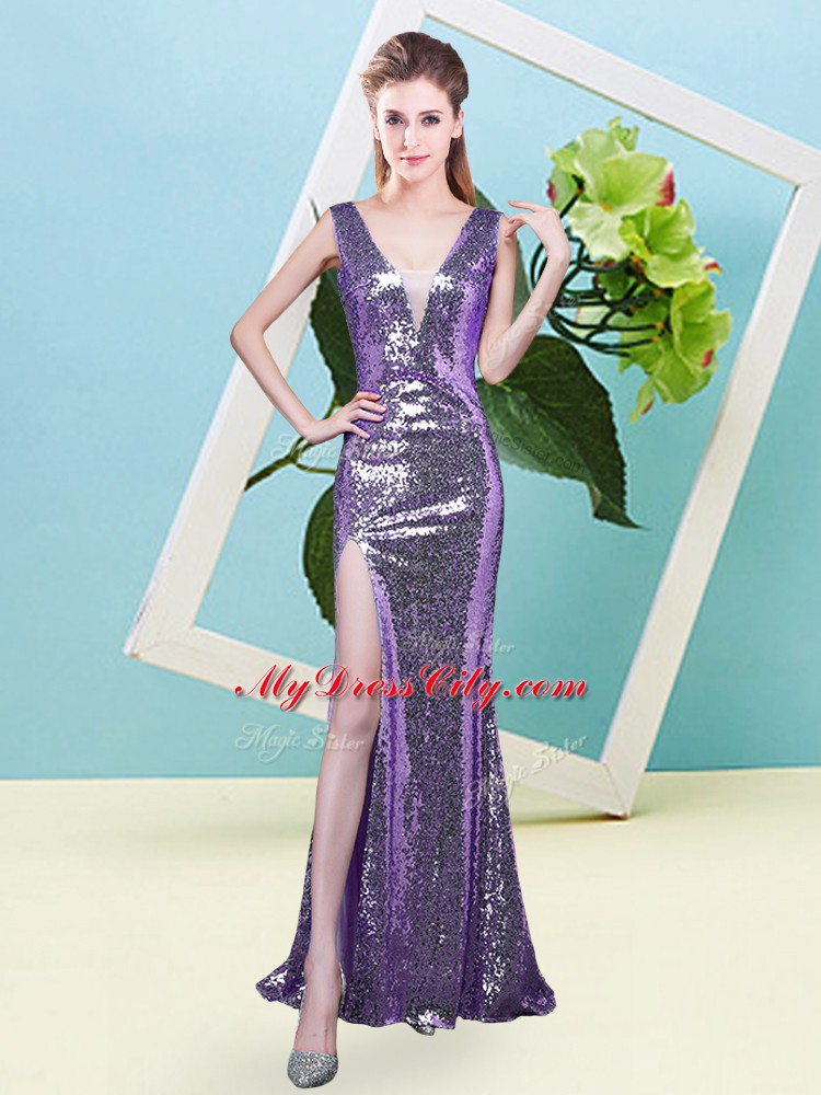 V-neck Sleeveless Zipper Prom Gown Eggplant Purple Sequined