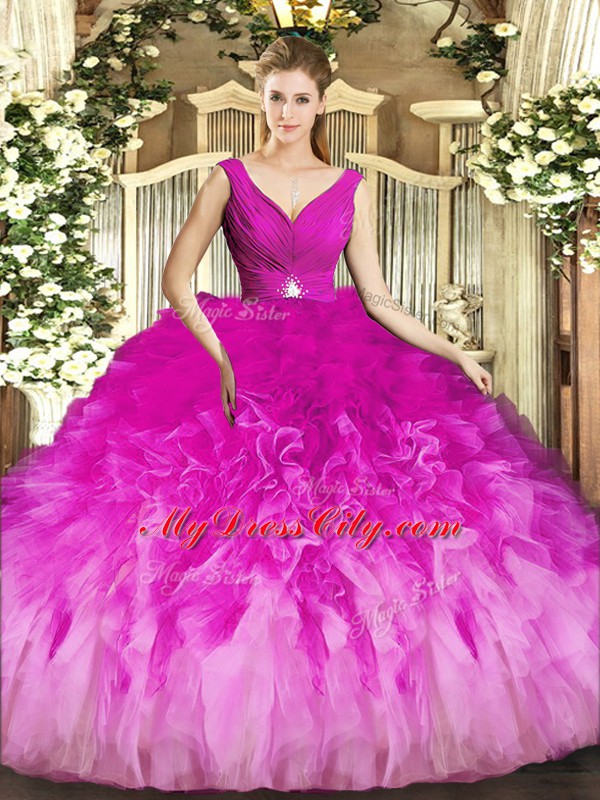 Custom Fit Floor Length Backless Quince Ball Gowns Fuchsia for Sweet 16 and Quinceanera with Beading and Ruffles