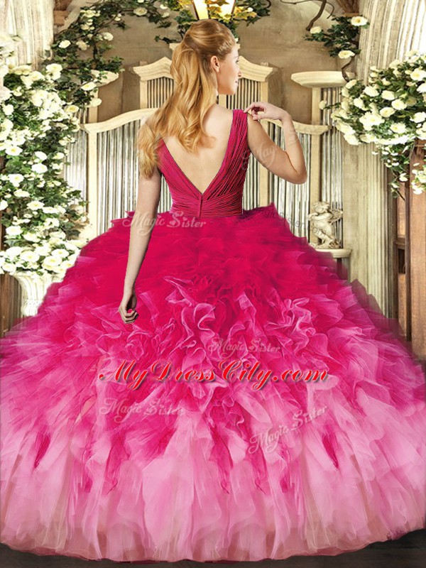 Custom Fit Floor Length Backless Quince Ball Gowns Fuchsia for Sweet 16 and Quinceanera with Beading and Ruffles