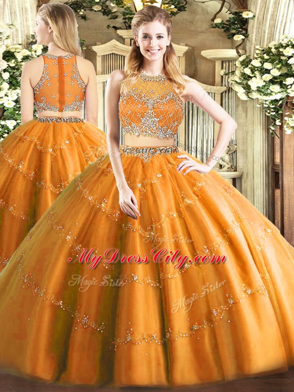 Orange Zipper Scoop Beading Vestidos de Quinceanera Tulle Sleeveless