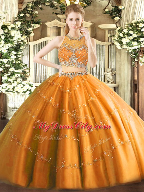 Orange Zipper Scoop Beading Vestidos de Quinceanera Tulle Sleeveless