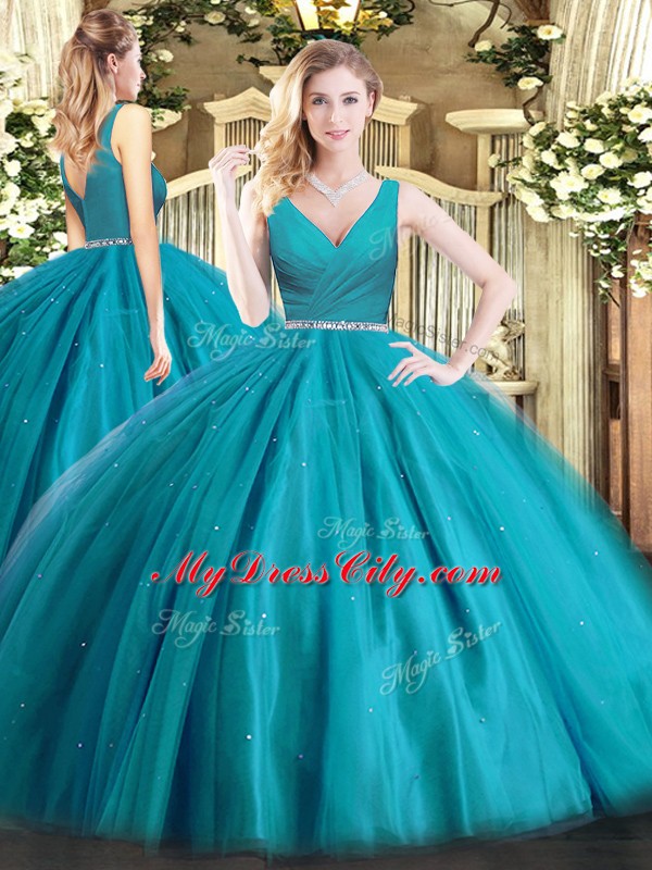 Discount Teal Sweet 16 Dress Military Ball and Sweet 16 and Quinceanera with Beading V-neck Sleeveless Zipper