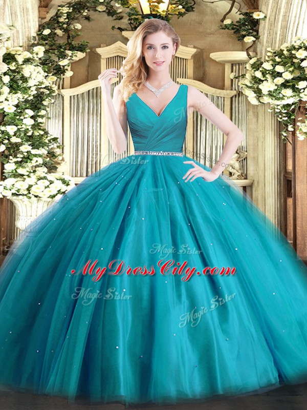 Discount Teal Sweet 16 Dress Military Ball and Sweet 16 and Quinceanera with Beading V-neck Sleeveless Zipper