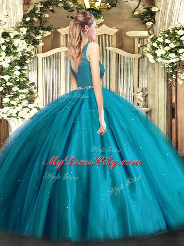 Discount Teal Sweet 16 Dress Military Ball and Sweet 16 and Quinceanera with Beading V-neck Sleeveless Zipper