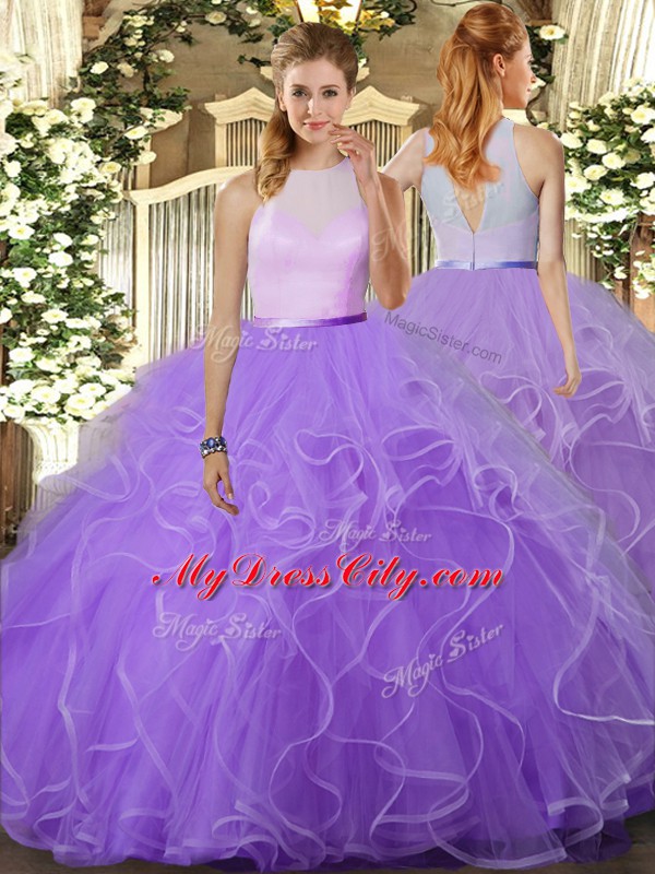 Customized High-neck Sleeveless Backless Quinceanera Gown Lavender Tulle