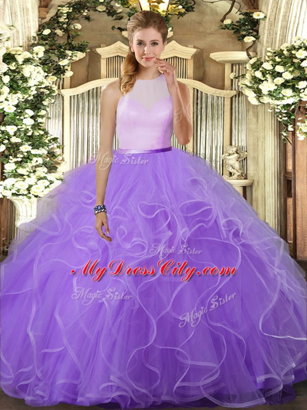 Customized High-neck Sleeveless Backless Quinceanera Gown Lavender Tulle