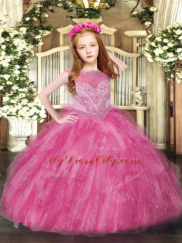 Tulle Sleeveless Floor Length Child Pageant Dress and Beading and Ruffles