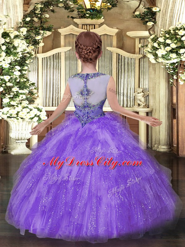 Tulle Sleeveless Floor Length Child Pageant Dress and Beading and Ruffles