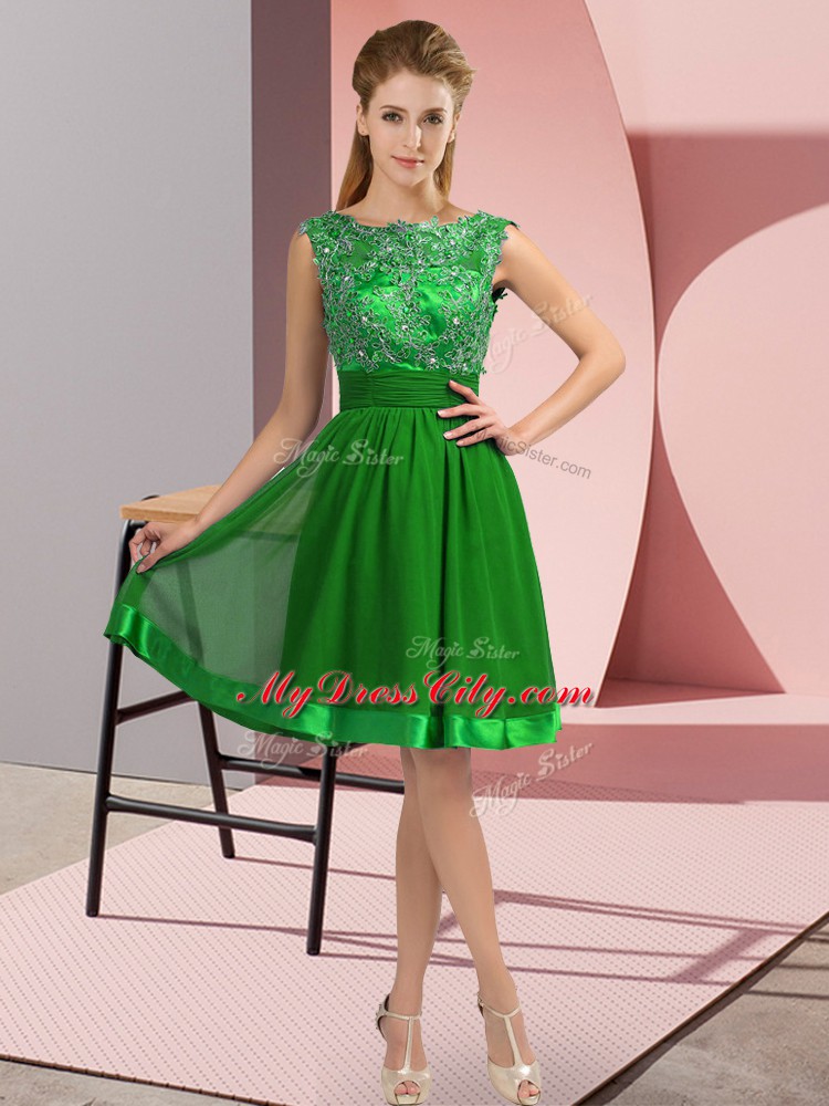 Eye-catching Scoop Sleeveless Prom Dress Knee Length Appliques Green Chiffon