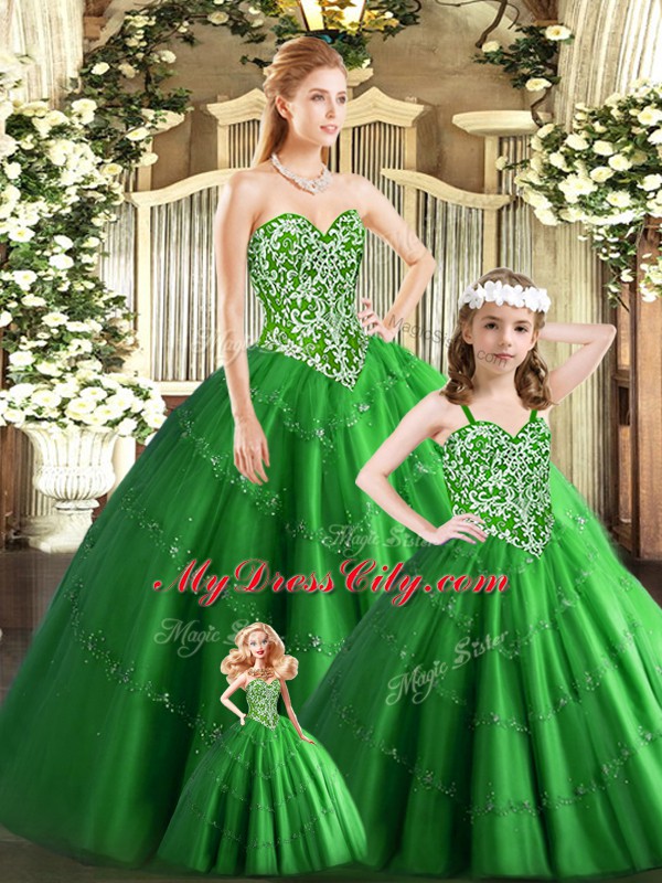 Unique Green Tulle Lace Up Quinceanera Dress Sleeveless Floor Length Beading