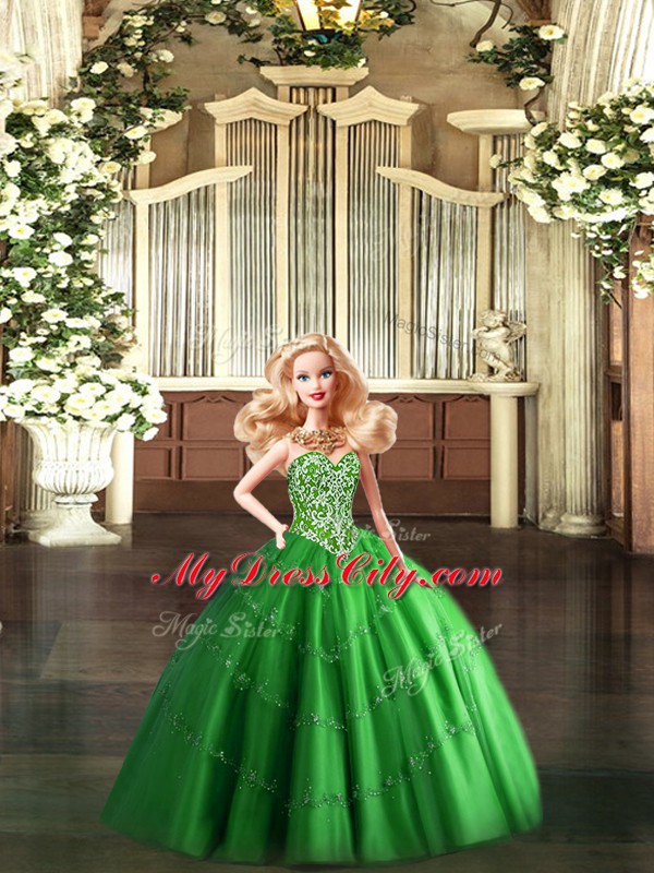 Unique Green Tulle Lace Up Quinceanera Dress Sleeveless Floor Length Beading