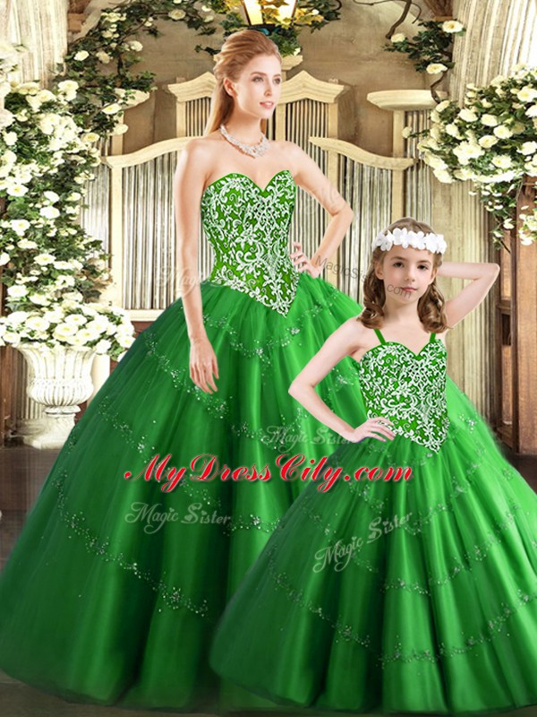 Unique Green Tulle Lace Up Quinceanera Dress Sleeveless Floor Length Beading