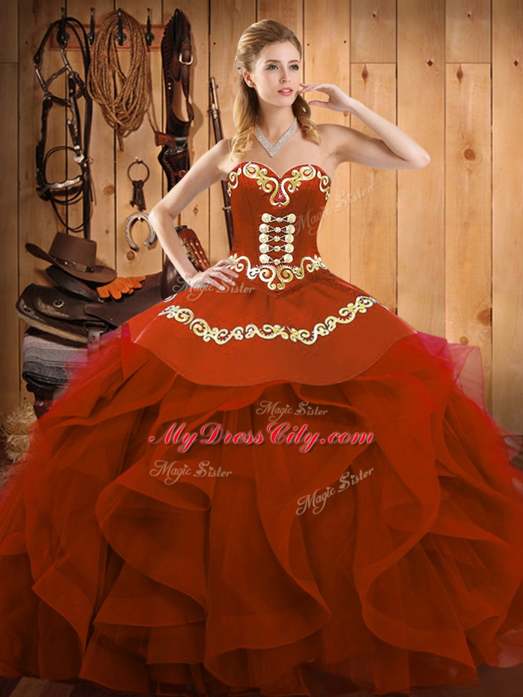 Hot Selling Rust Red Sleeveless Organza Lace Up Quinceanera Gown for Military Ball and Sweet 16 and Quinceanera