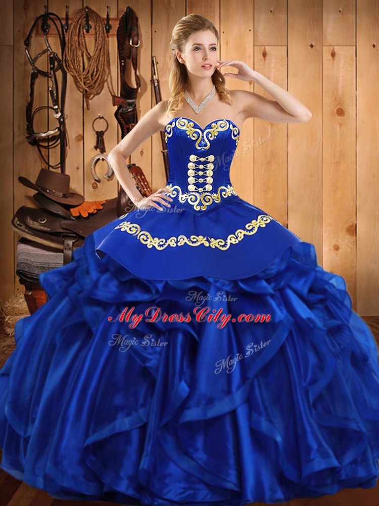 Lovely Floor Length Royal Blue Sweet 16 Quinceanera Dress Satin and Organza Sleeveless Embroidery and Ruffles