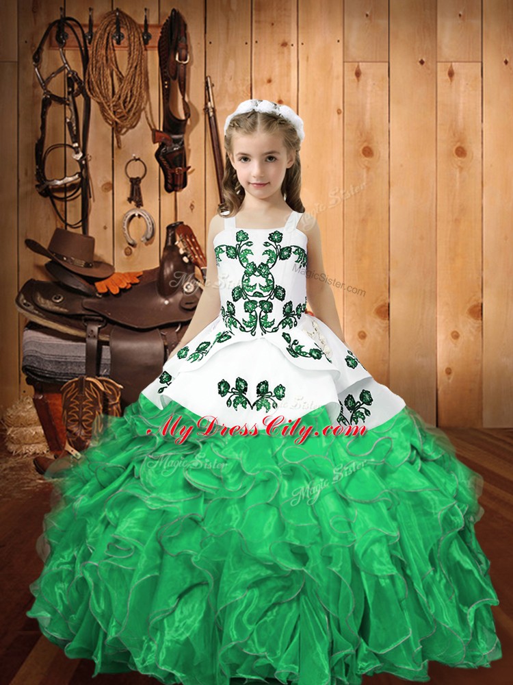 Turquoise Sleeveless Floor Length Embroidery and Ruffles Lace Up Little Girl Pageant Dress