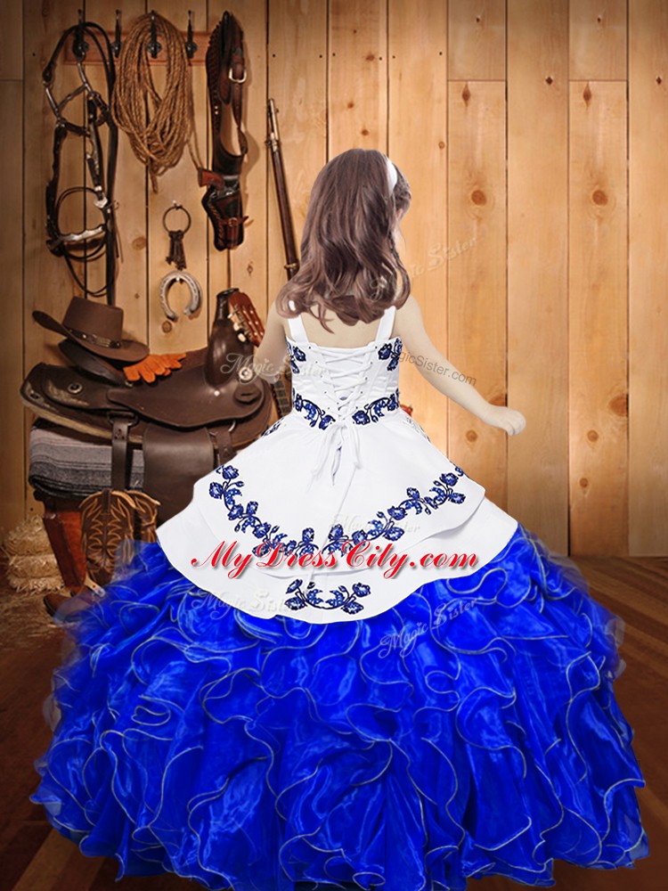 Turquoise Sleeveless Floor Length Embroidery and Ruffles Lace Up Little Girl Pageant Dress