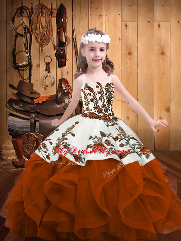 Lovely Rust Red Sleeveless Floor Length Embroidery and Ruffles Lace Up Little Girl Pageant Gowns