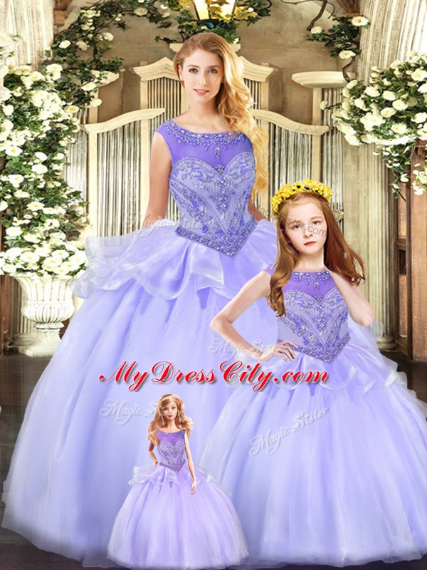 Pretty Lavender Ball Gowns Scoop Sleeveless Tulle Floor Length Lace Up Beading 15th Birthday Dress