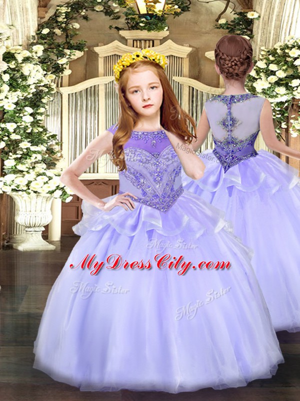 Pretty Lavender Ball Gowns Scoop Sleeveless Tulle Floor Length Lace Up Beading 15th Birthday Dress