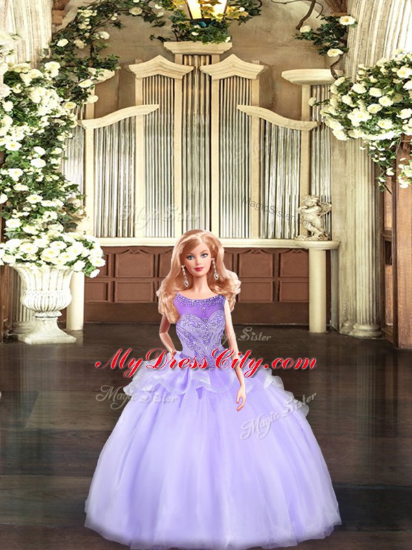 Pretty Lavender Ball Gowns Scoop Sleeveless Tulle Floor Length Lace Up Beading 15th Birthday Dress