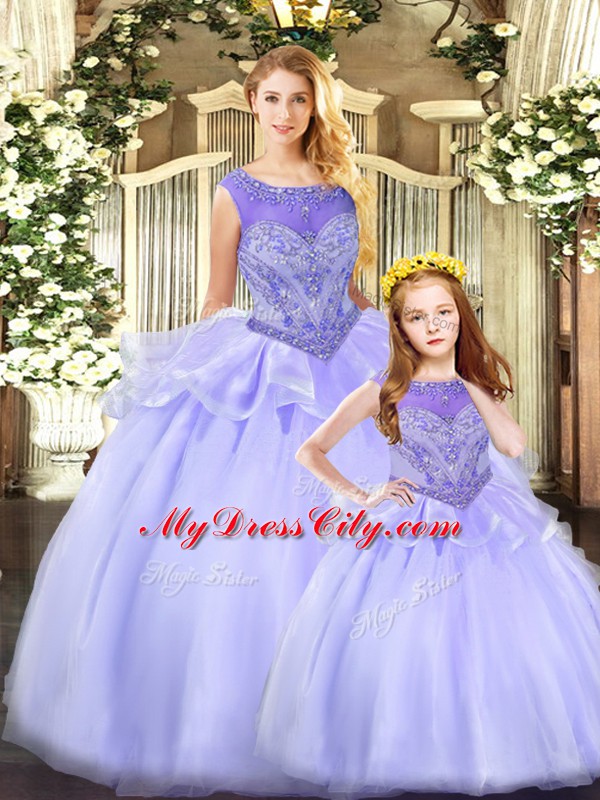 Pretty Lavender Ball Gowns Scoop Sleeveless Tulle Floor Length Lace Up Beading 15th Birthday Dress