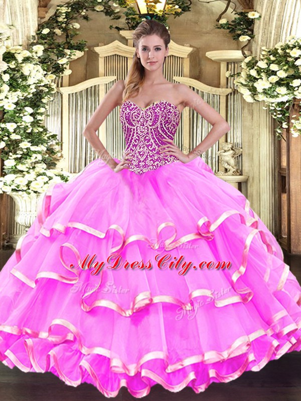 Floor Length Rose Pink Sweet 16 Quinceanera Dress Organza Sleeveless Beading and Ruffled Layers