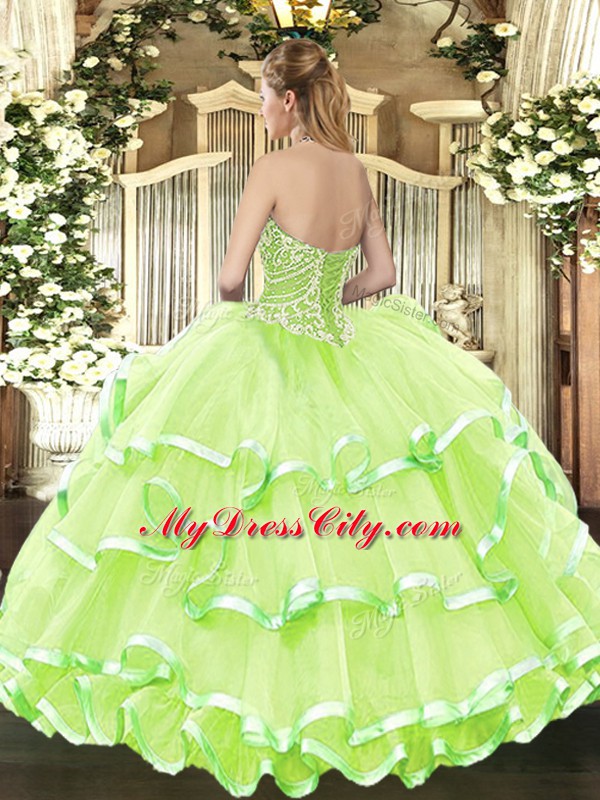 Floor Length Rose Pink Sweet 16 Quinceanera Dress Organza Sleeveless Beading and Ruffled Layers