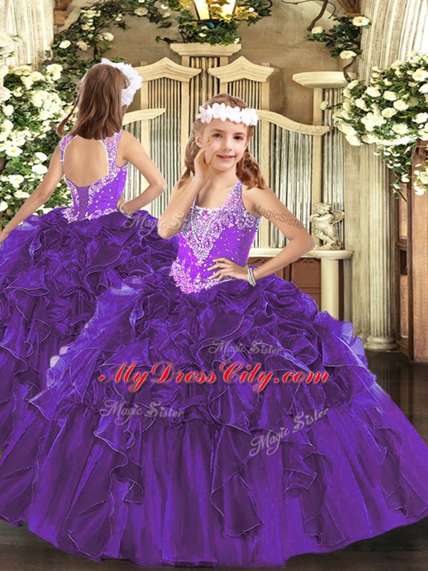 Sweet Purple Sleeveless Floor Length Beading and Ruffles Lace Up Little Girl Pageant Dress