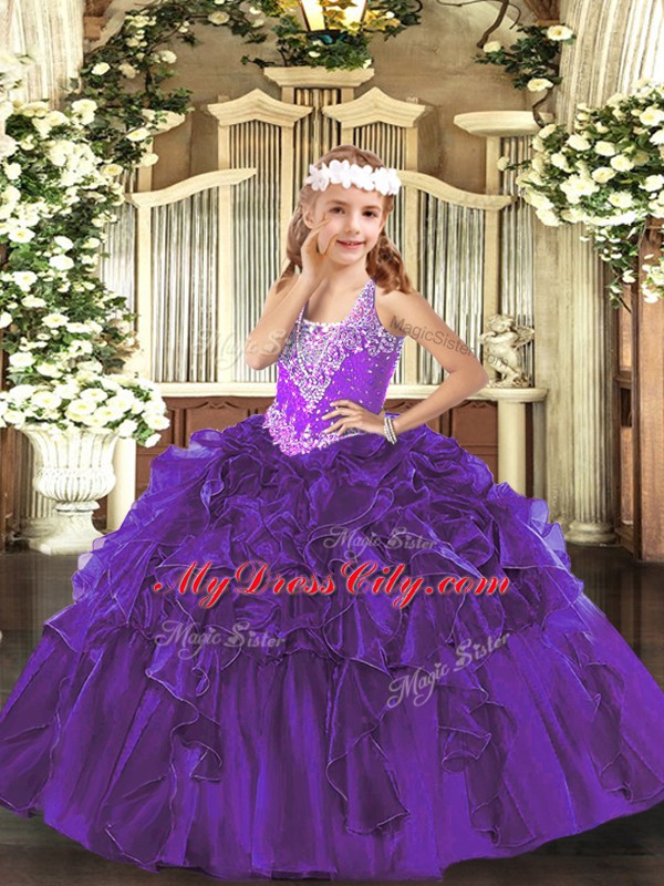 Sweet Purple Sleeveless Floor Length Beading and Ruffles Lace Up Little Girl Pageant Dress