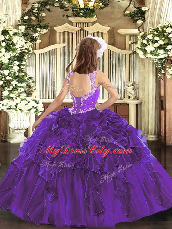 Sweet Purple Sleeveless Floor Length Beading and Ruffles Lace Up Little Girl Pageant Dress