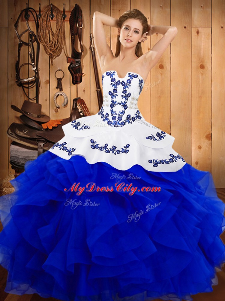 Deluxe Blue And White Strapless Neckline Embroidery and Ruffles Ball Gown Prom Dress Sleeveless Lace Up