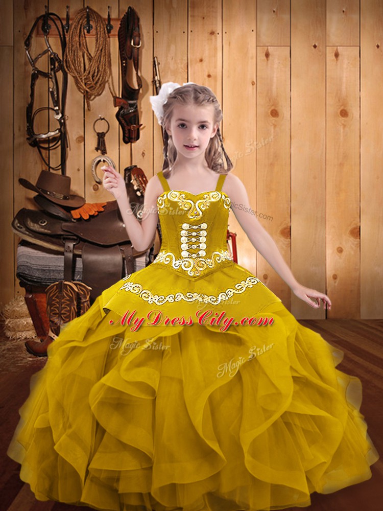 Gold Ball Gowns Organza Straps Sleeveless Embroidery and Ruffles Floor Length Lace Up Little Girls Pageant Gowns