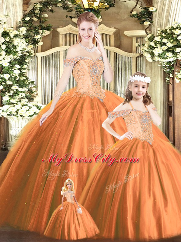 Trendy Orange Red Ball Gowns Beading 15 Quinceanera Dress Lace Up Tulle Sleeveless Floor Length