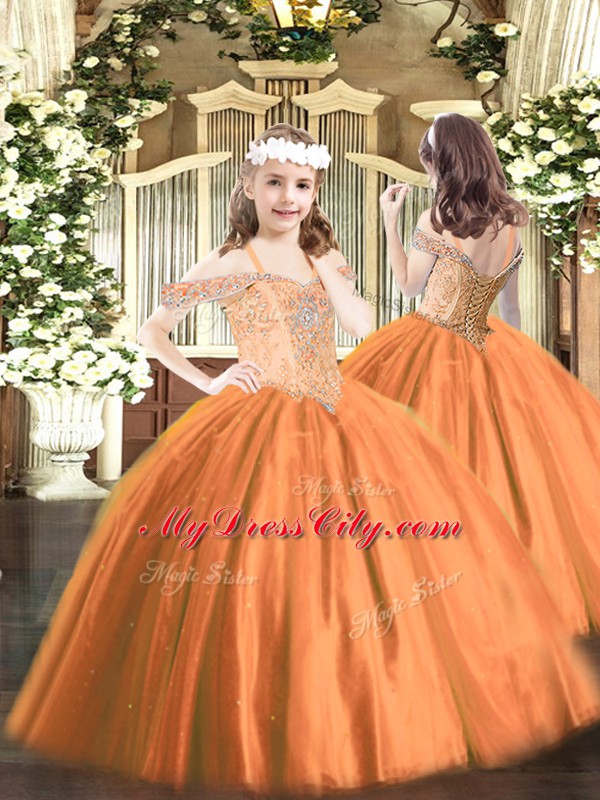 Trendy Orange Red Ball Gowns Beading 15 Quinceanera Dress Lace Up Tulle Sleeveless Floor Length