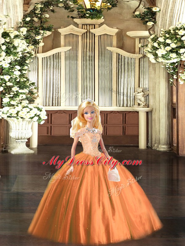 Trendy Orange Red Ball Gowns Beading 15 Quinceanera Dress Lace Up Tulle Sleeveless Floor Length